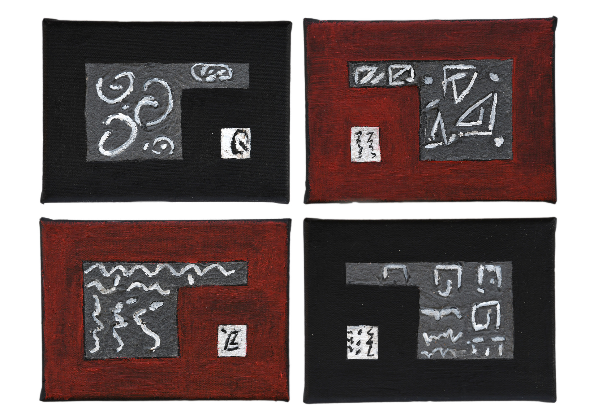 Mosaïque (acrylique sur 4 toiles 15*15 chacune). Prix : 70 €