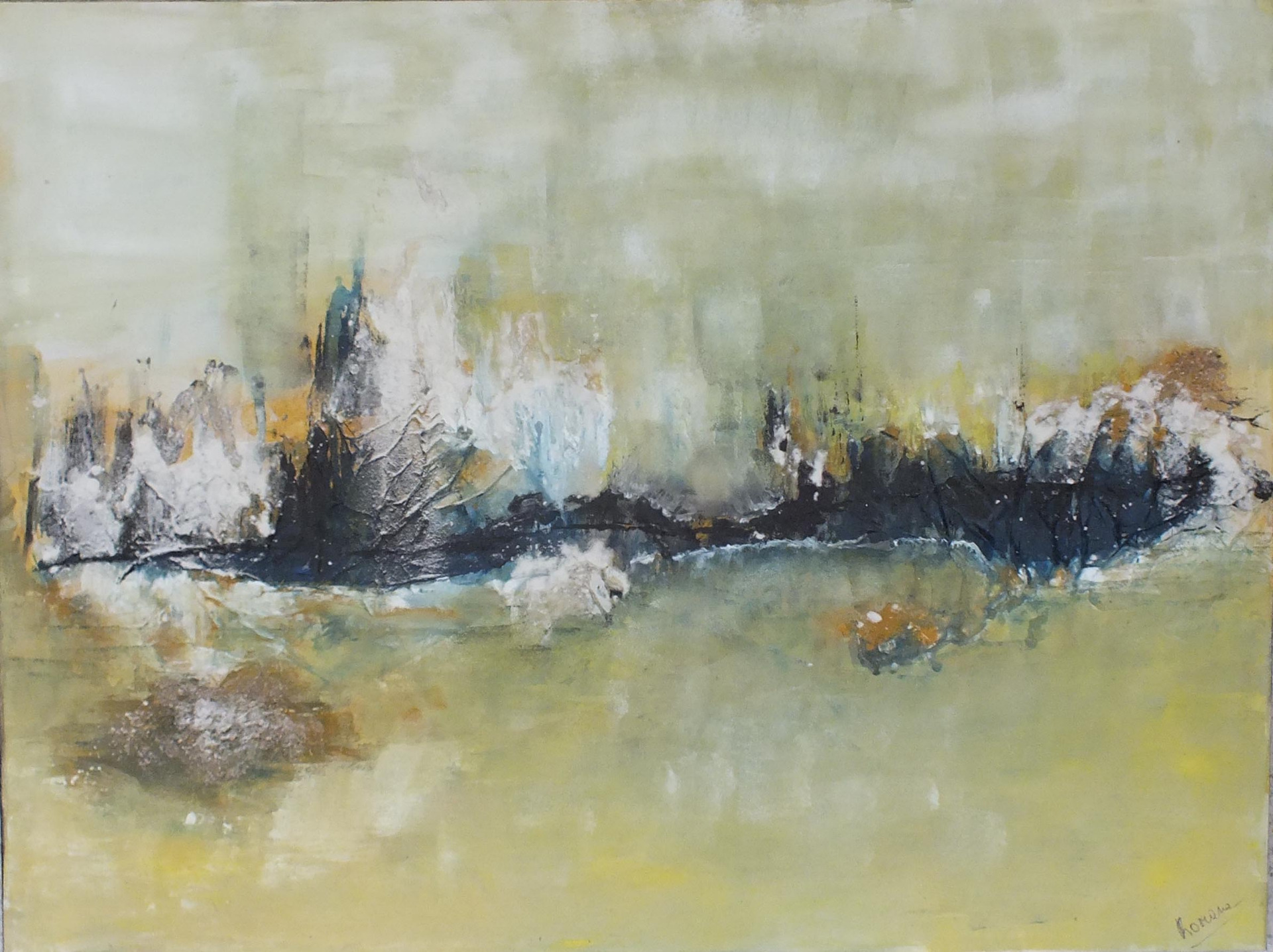 Rivage (acrylique +papier mâché+ sable + poudre, 55*50) Prix : 300 €
